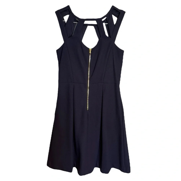 Betsey Johnson Navy Cage Cutout Pockets Pleat Mini Dress Fit and Flare EUC Sz 10 - Picture 4 of 15